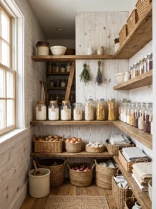 Whitewashed wood paneling with visible grain in a bright farmhouse pantry.