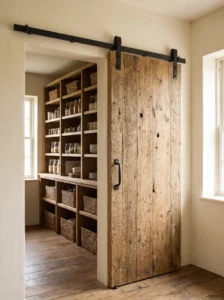 Rustic farmhouse pantry with a weathered sliding barn door and black iron hardware.