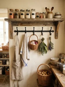 Cast iron hooks holding aprons, towels and herbs in a farmhouse pantry.