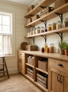 Farmhouse pantry with coordinated black iron hardware on shelves, cabinets and hooks.
