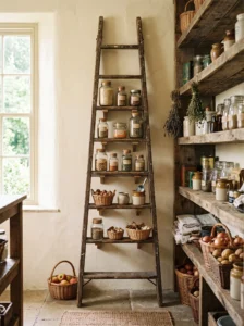 Antique wooden ladder used as extra storage in a rustic farmhouse pantry.