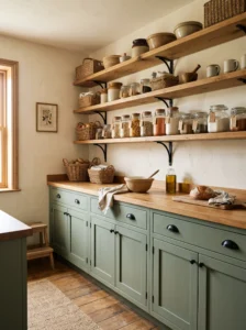 Farmhouse pantry with muted sage green cabinetry and natural wood shelving.