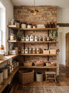 Farmhouse pantry with a whitewashed exposed brick accent wall and wood shelving.