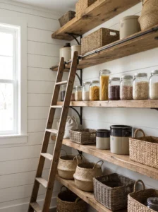 White shiplap wall behind rustic open shelving in a farmhouse pantry.