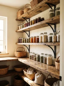 Reclaimed wood shelves with weathered grain and vintage character in a farmhouse pantry.