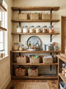 Farmhouse pantry combining reclaimed wood shelving with galvanized metal accents.