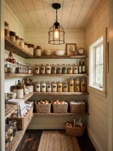 Rustic black pendant light illuminating a warm farmhouse-style pantry.