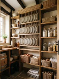 Wooden open plate rack displaying ceramic dishes in a farmhouse pantry.