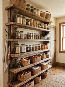 Rustic wood corbels supporting open shelves in a farmhouse pantry.