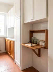 Fold-down shelf adding storage and prep space to a small kitchen