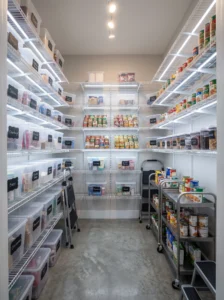 Functional walk-in pantry with wire shelving, storage bins, and organized groceries.