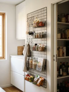 Wall-mounted wire grid organizing jars and kitchen tools in a small kitchen