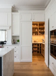 Hidden walk-in pantry concealed behind matching kitchen cabinets with organized shelving inside.