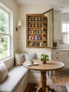 Hidden pantry cabinet concealed behind a framed kitchen mirror