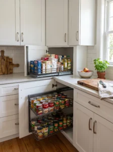 Blind corner kitchen cabinet with sliding wire baskets for extra pantry storage