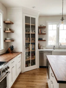 Diagonal corner pantry cabinet with angled storage shelves in a modern kitchen