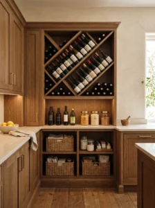 Corner pantry with built-in wine and bottle storage for kitchen organization