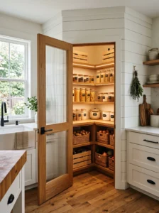 Walk-in pantry with an angled entry door in an awkward kitchen corner