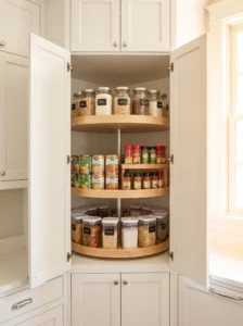 Lazy Susan corner pantry with rotating shelves for organized kitchen storage