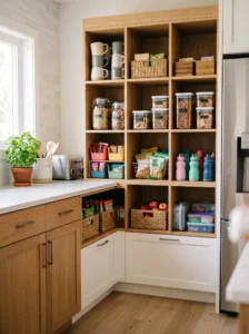 Open cubby corner pantry nook for quick-grab kitchen storage