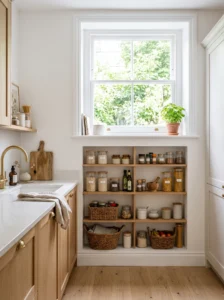 Shallow pantry shelving built beneath a kitchen window