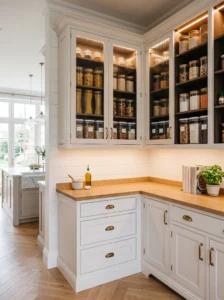 Glass-front corner pantry cabinet with organized illuminated kitchen storage