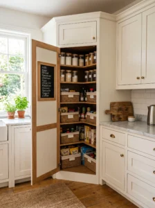 Corner pantry with chalkboard door and labeled storage for family kitchens