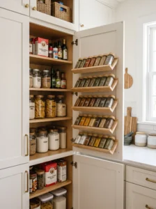 Corner pantry with built-in angled spice rack and organized spice jars