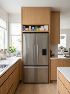 Slim hidden storage tray above a refrigerator cabinet