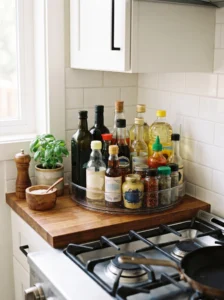 Turntable organizer keeping oils, vinegars, and condiments accessible