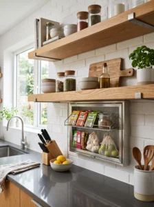 Pull-down pantry storage rack installed beneath an open kitchen shelf