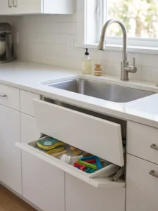 Hidden sink tip-out tray behind a false kitchen drawer front