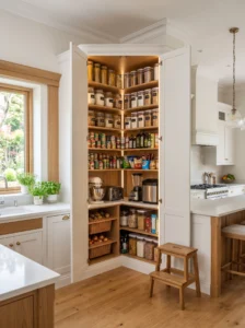 Floor-to-ceiling corner pantry tower maximizing vertical kitchen storage
