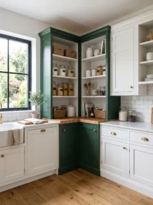 Two-toned corner pantry cabinetry with contrasting green and white cabinets