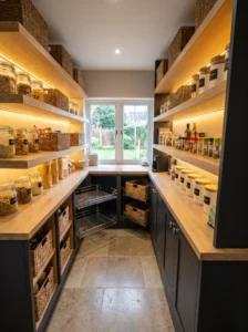 L-shaped walk-in pantry with corner shelving, baskets, and organized food storage.