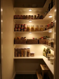 LED puck lights illuminating dark corners of a small pantry
