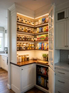 Corner pantry with warm under-shelf LED lighting for better visibility