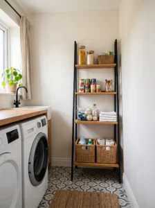 Freestanding ladder shelf used as pantry storage in a laundry room
