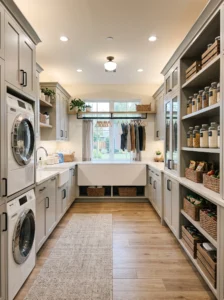U-shaped laundry room with pantry storage wrapping three walls
