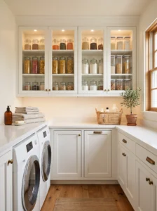 Glass-front pantry cabinets displaying organized food storage