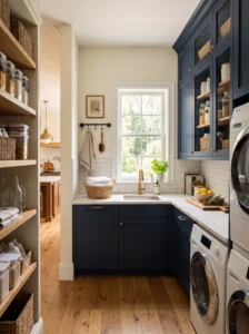 Butler's pantry style laundry room with prep counter and storage