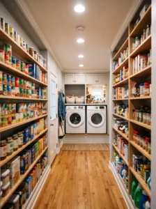Walk-through laundry pantry connecting the kitchen and back entrance