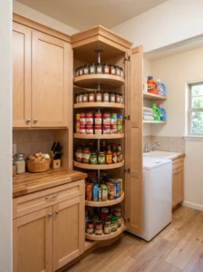 Corner laundry room pantry with lazy Susan rotating shelves