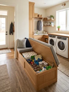 Built-in laundry room bench with hidden pantry storage underneath