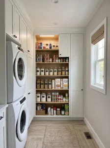 Floor-to-ceiling pantry cabinet at the end of a laundry room