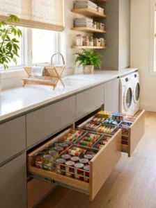 Pull-out pantry drawers beneath a laundry room counter