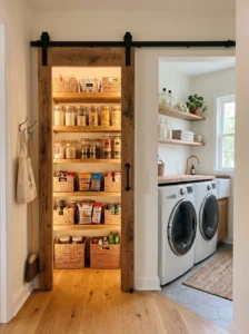 Laundry room pantry closet with a space-saving sliding barn door