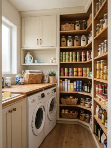 L-shaped laundry room with pantry shelving tucked into the corner