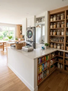 Half-wall laundry room divider with built-in pantry shelving
