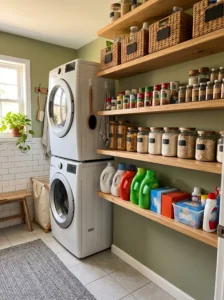 Open pantry shelves above washer and dryer for extra storage